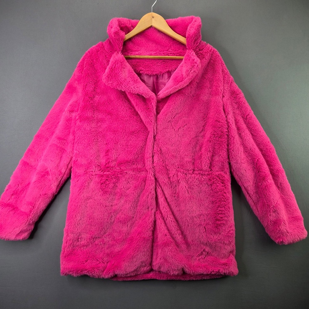Faux Fur Coat Jacket Size L Hot Pink Shaggy Teddy Glam Winter Warm